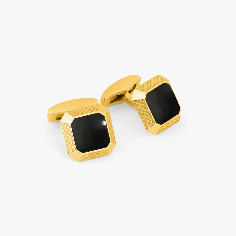 Signature Octo Cufflinks In Yellow Gold Plated Silver with Onyx sold by Tateossian