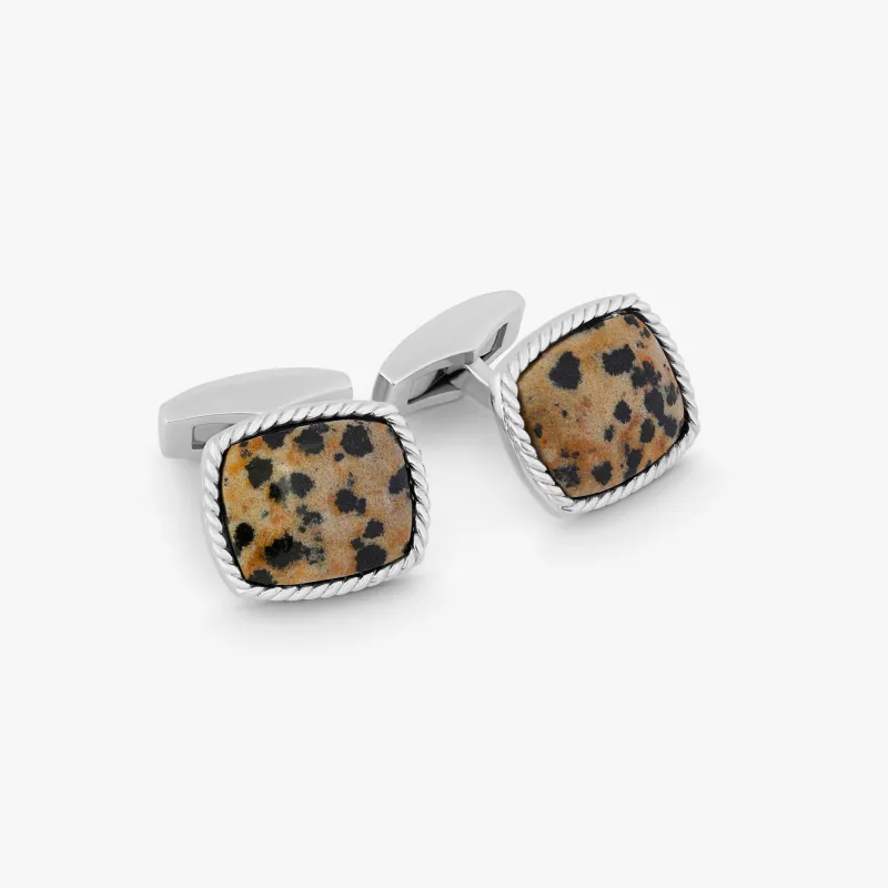 Cable Jasper Cufflinks In Rhodium Plated Silver with Dalmation sold by Tateossian