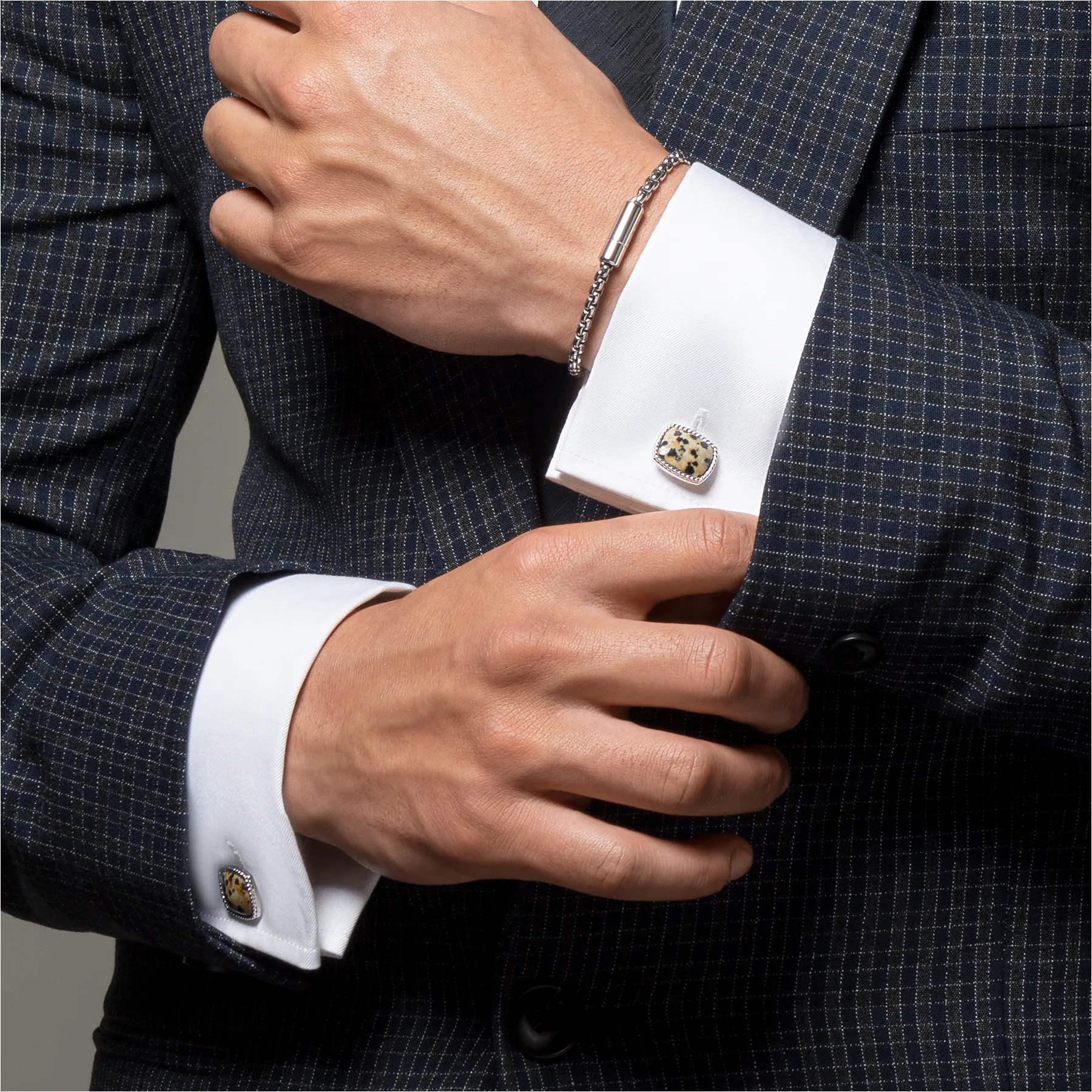 Cable Jasper Cufflinks In Rhodium Plated Silver with Dalmation sold by Tateossian product image thumbnail 2