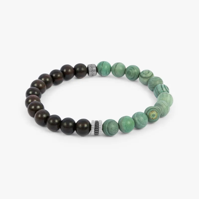 Gear Trio Beaded Bracelet In Rhodium Plated Silver With Ebony Wood and Green Jasper sold by Tateossian
