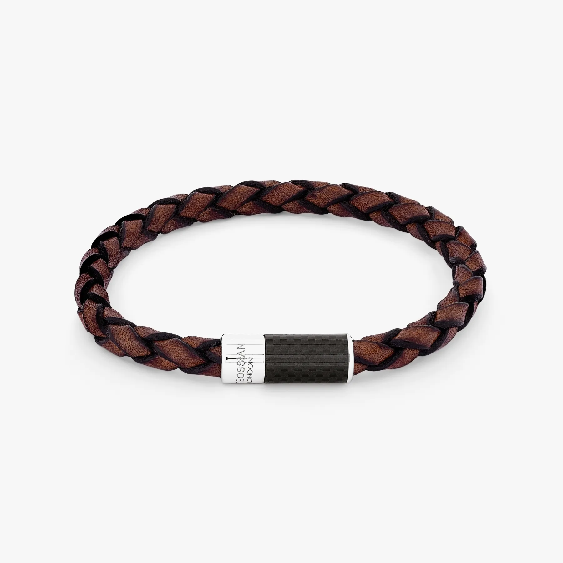 Carbon Pop bracelet with brown leather and black carbon fibre sold by Tateossian