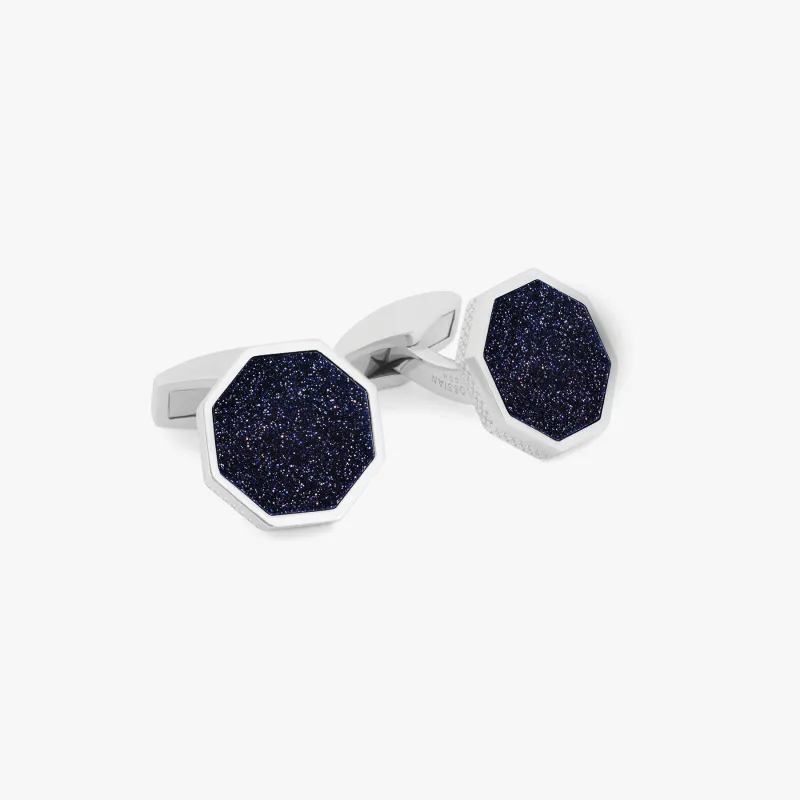 Classic London Eye Cufflinks in Rhodium Silver with Blue Goldstone sold by Tateossian