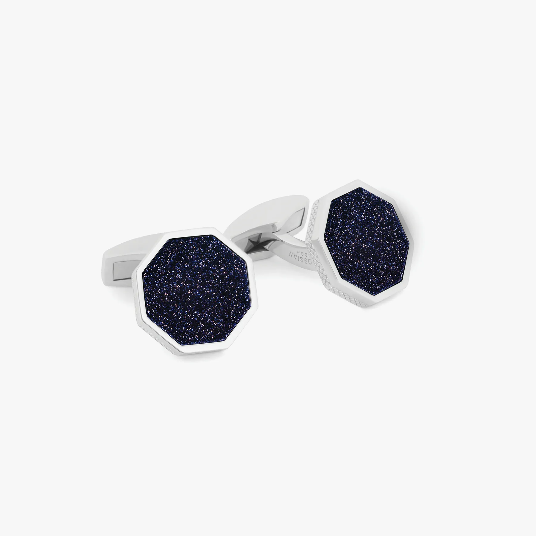 Classic London Eye Cufflinks in Rhodium Silver with Blue Goldstone sold by Tateossian