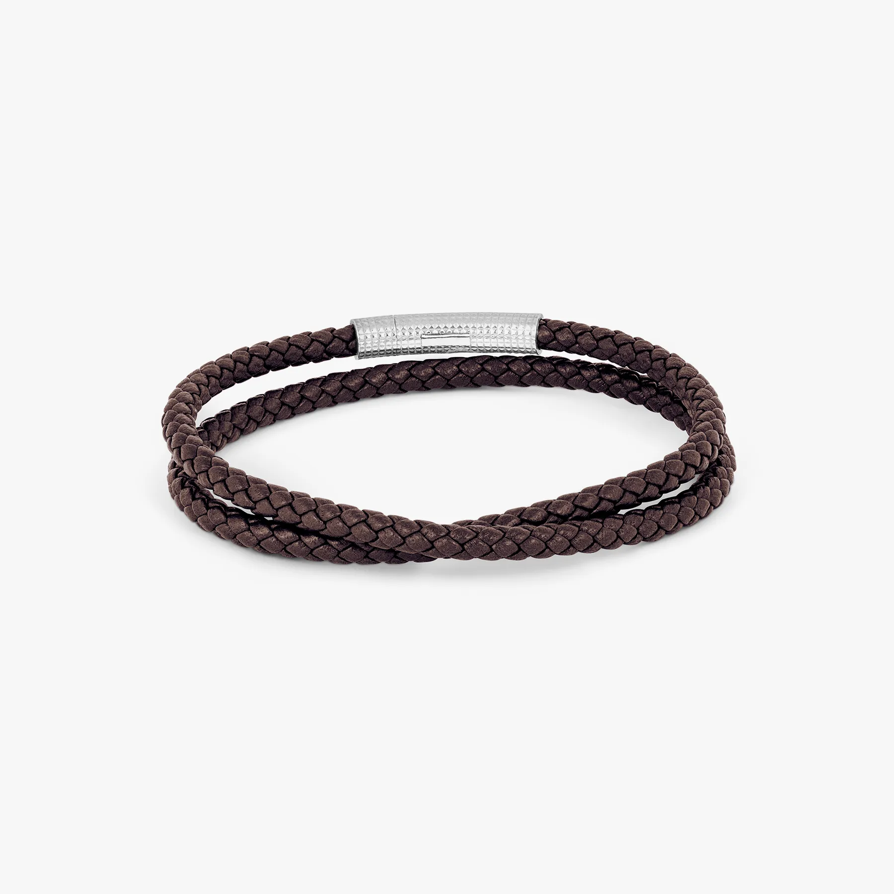 Giza Click Pelle Double Wrap Brown Leather Bracelet in Rhodium Silver sold by Tateossian product image thumbnail 2