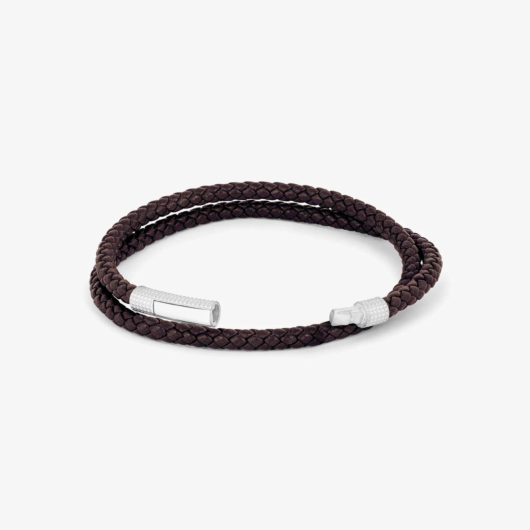 Giza Click Pelle Double Wrap Brown Leather Bracelet in Rhodium Silver sold by Tateossian product image thumbnail 3