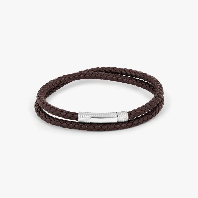 Giza Click Pelle Double Wrap Brown Leather Bracelet in Rhodium Silver sold by Tateossian