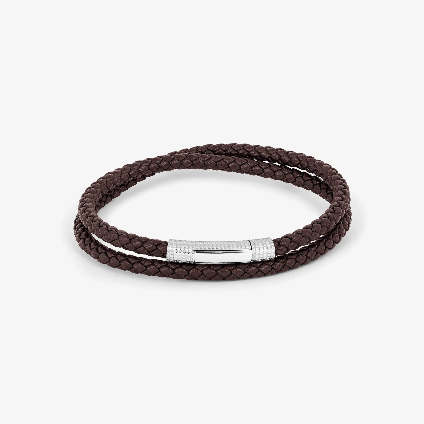 Giza Click Pelle Double Wrap Brown Leather Bracelet in Rhodium Silver sold by Tateossian