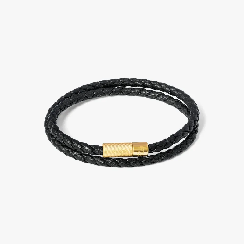 Pop Rigato Double Wrap Leather Bracelet In Black With 18K Yellow Gold Plated sold by Tateossian