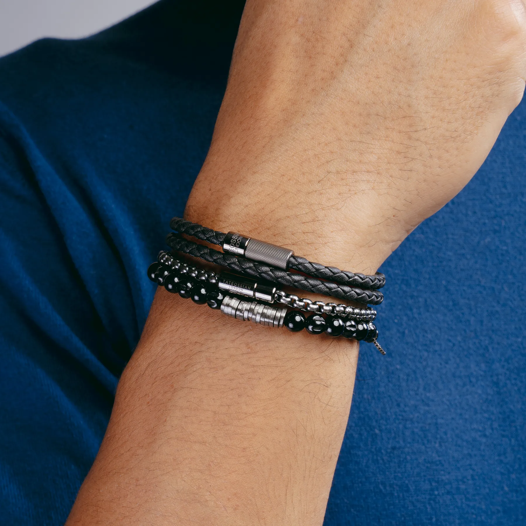 Pop Rigato Pelle Double Wrap Bracelet In Black Leather With Black Ruthenium Silver sold by Tateossian product image thumbnail 5