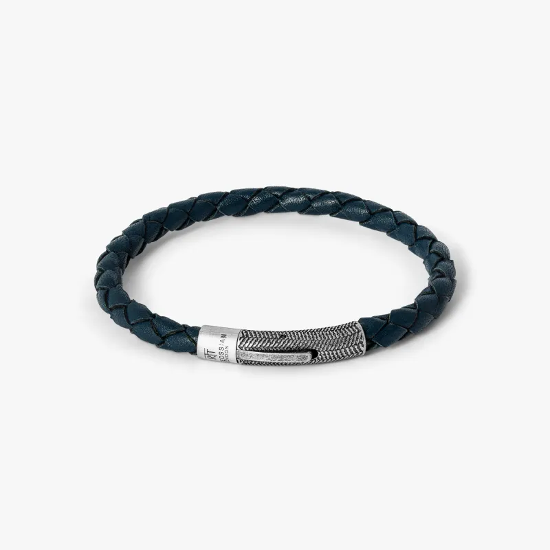 Vinatge Herringbone Click Leather Bracelet In Navy With Stainless Steel sold by Tateossian