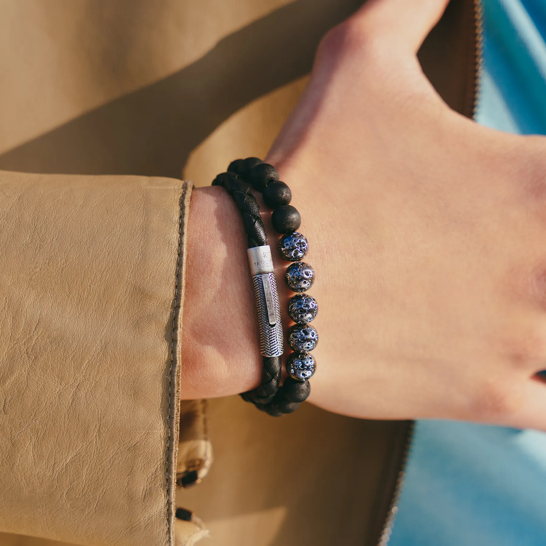 Vintage Herringbone Click Leather Bracelet In Black With Stainless Steel sold by Tateossian product image thumbnail 5