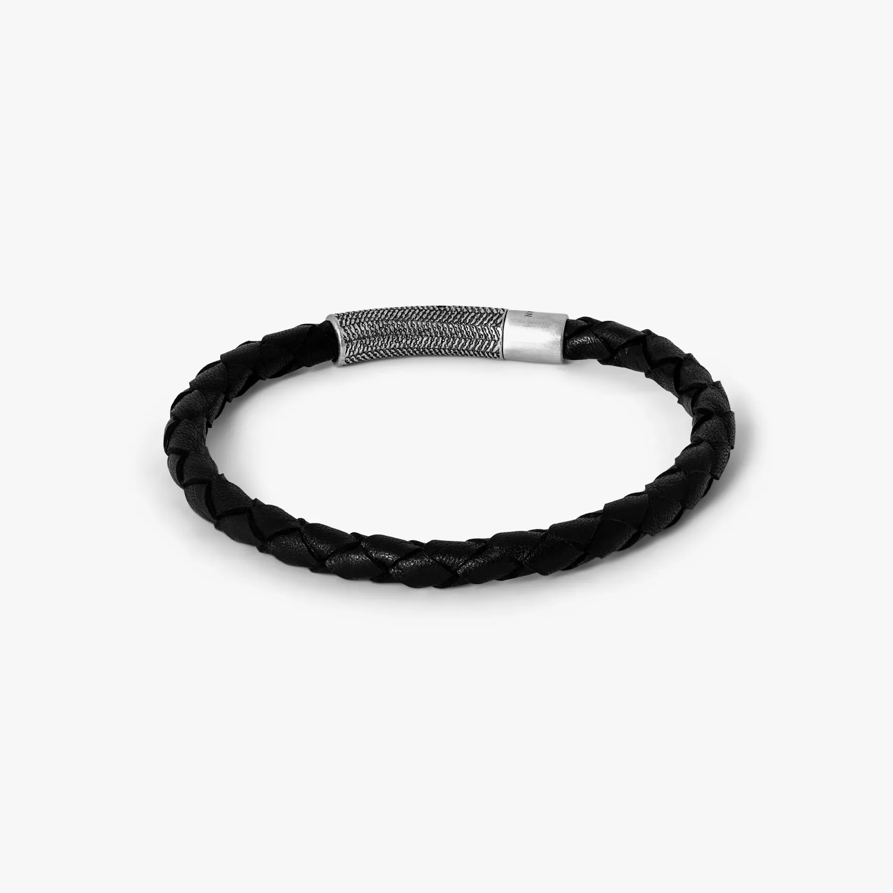 Vintage Herringbone Click Leather Bracelet In Black With Stainless Steel sold by Tateossian product image thumbnail 3