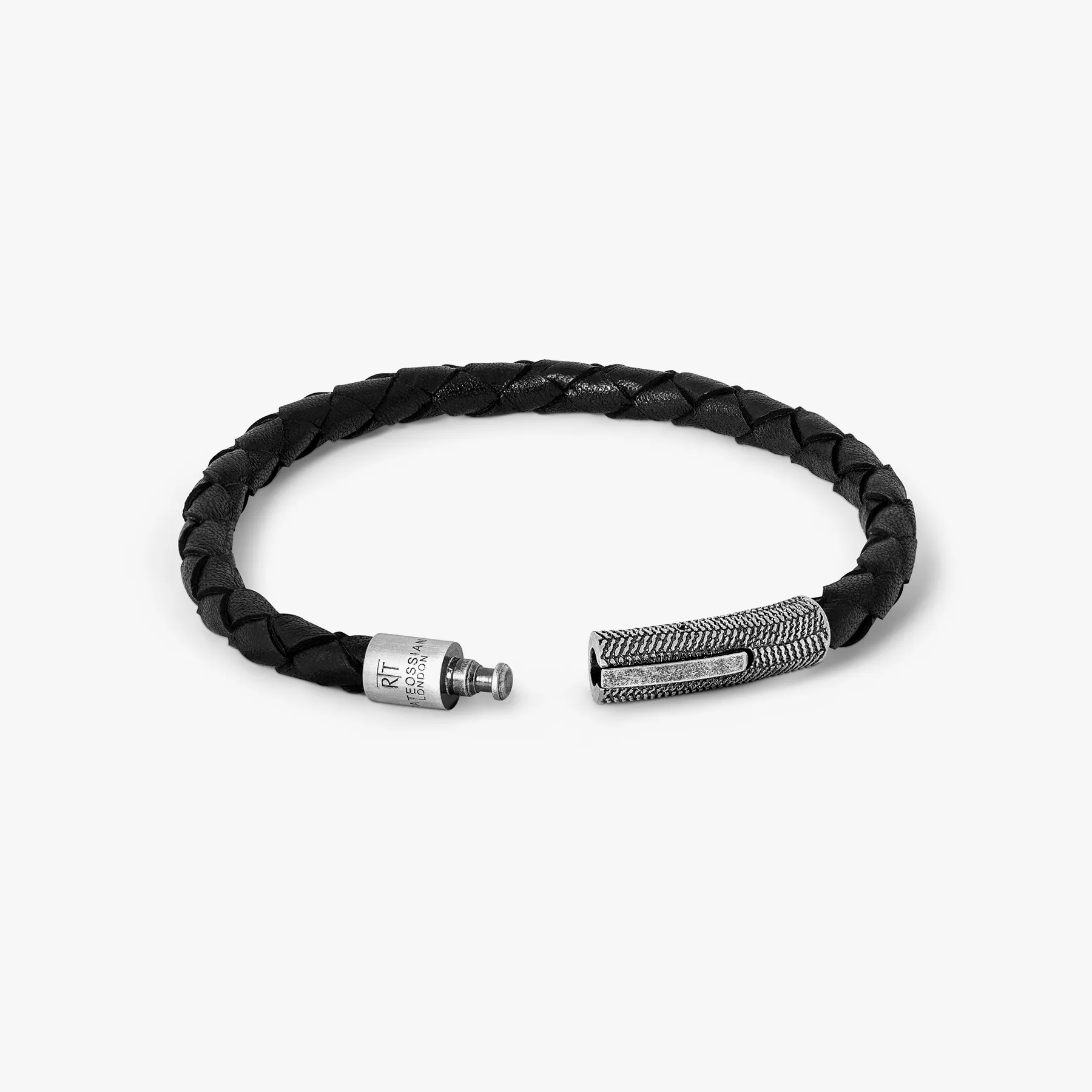 Vintage Herringbone Click Leather Bracelet In Black With Stainless Steel sold by Tateossian product image thumbnail 4