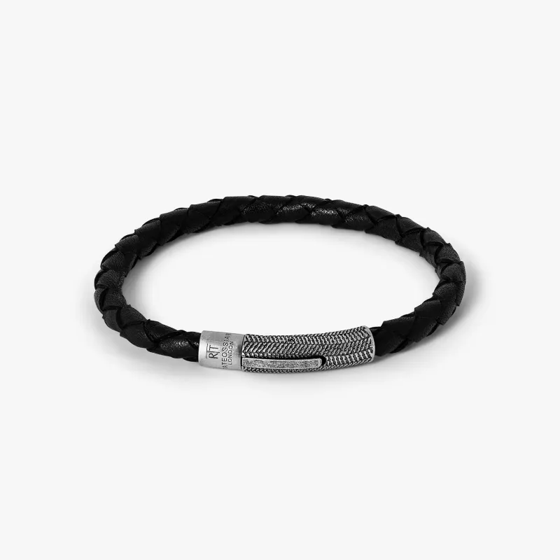 Vintage Herringbone Click Leather Bracelet In Black With Stainless Steel sold by Tateossian