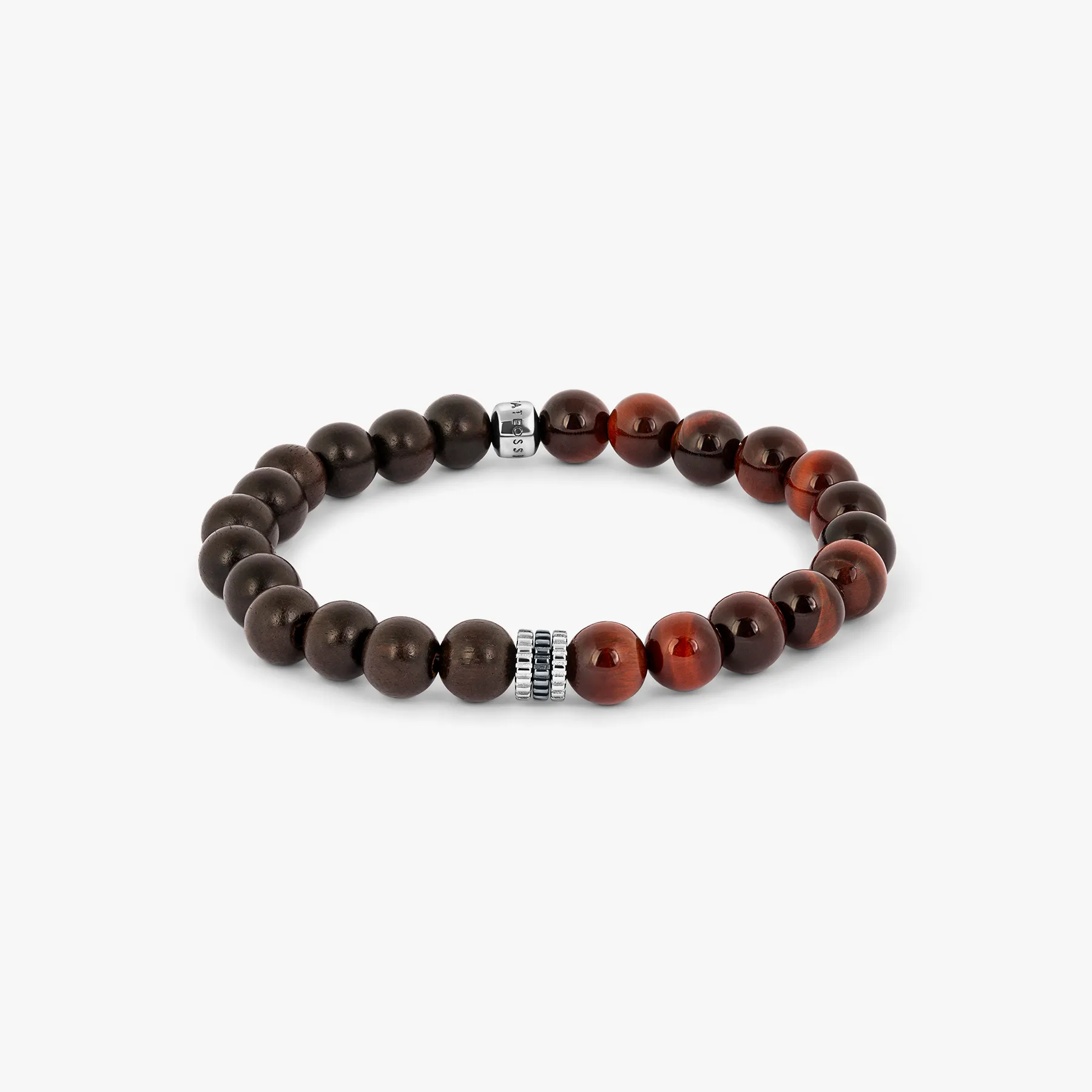 Gear Trio Semi - Precious Beaded Bracelet in Rhodium Silver with Red Tiger Eye sold by Tateossian