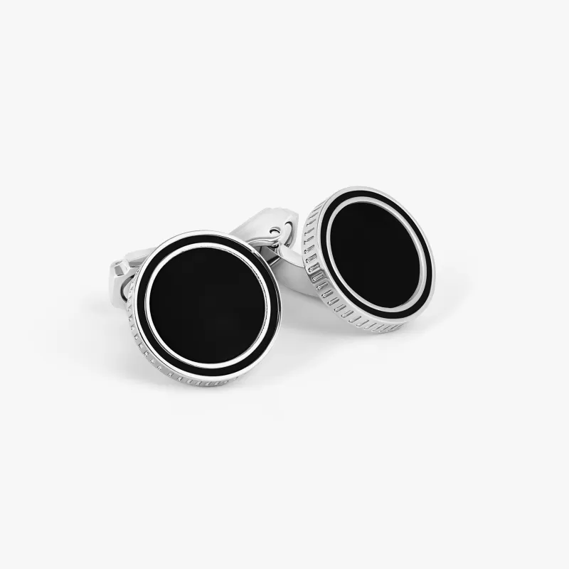 THOMPSON Tambor Cufflinks In White Bronze plated Base Metal With Onyx sold by Tateossian