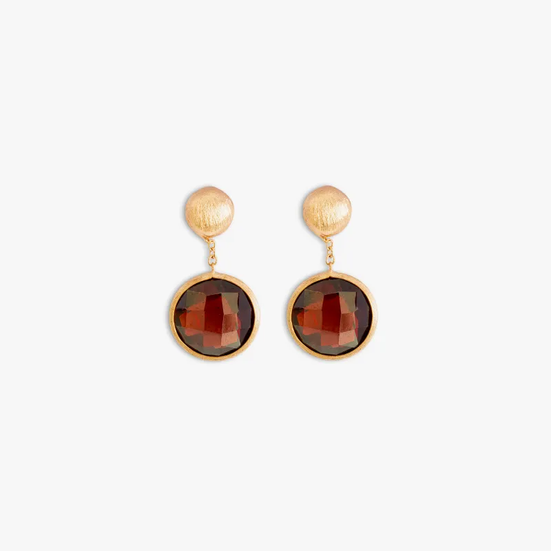 14K satin rose gold Kensington drop earrings with garnet sold by Tateossian