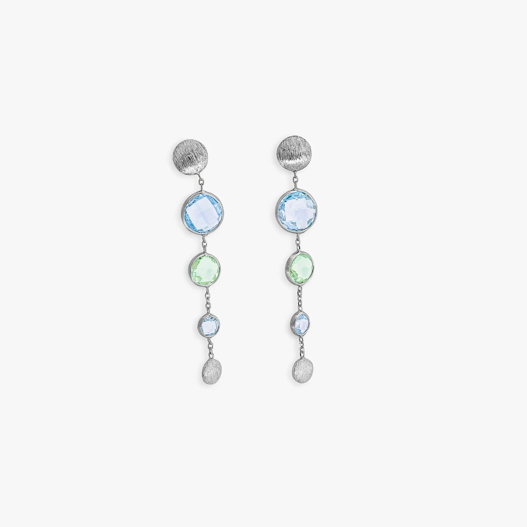 9K satin white gold Kensington long drop earrings with topaz and green amethyst sold by Tateossian