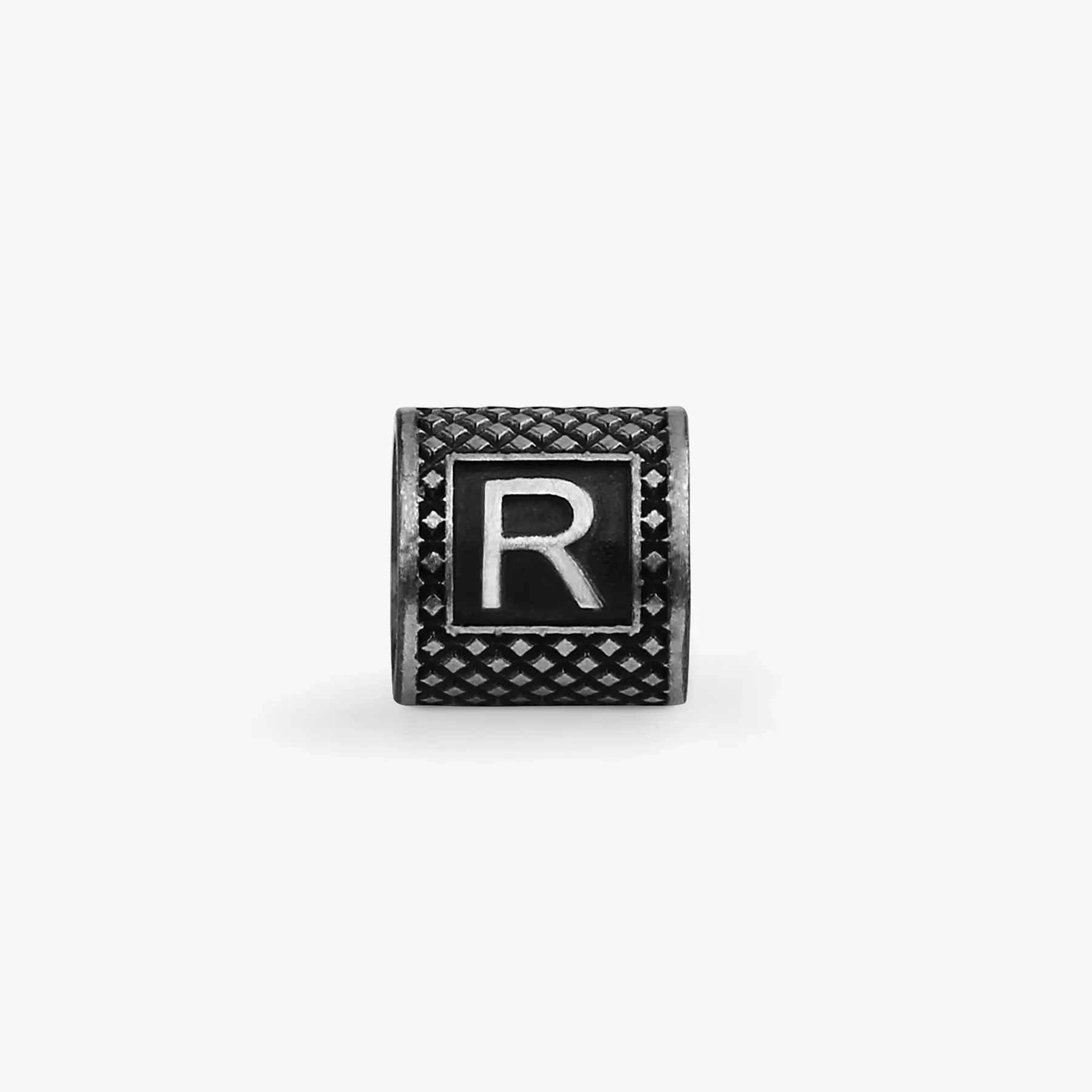 Lucky Me Initial R Charm In Black Rhodium Plated Silver sold by Tateossian