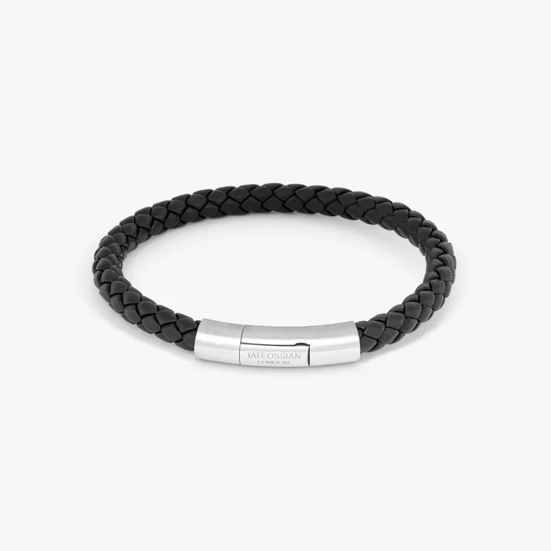 Charles Click Pelle Bracelet In Rhodium & Black Leather sold by Tateossian