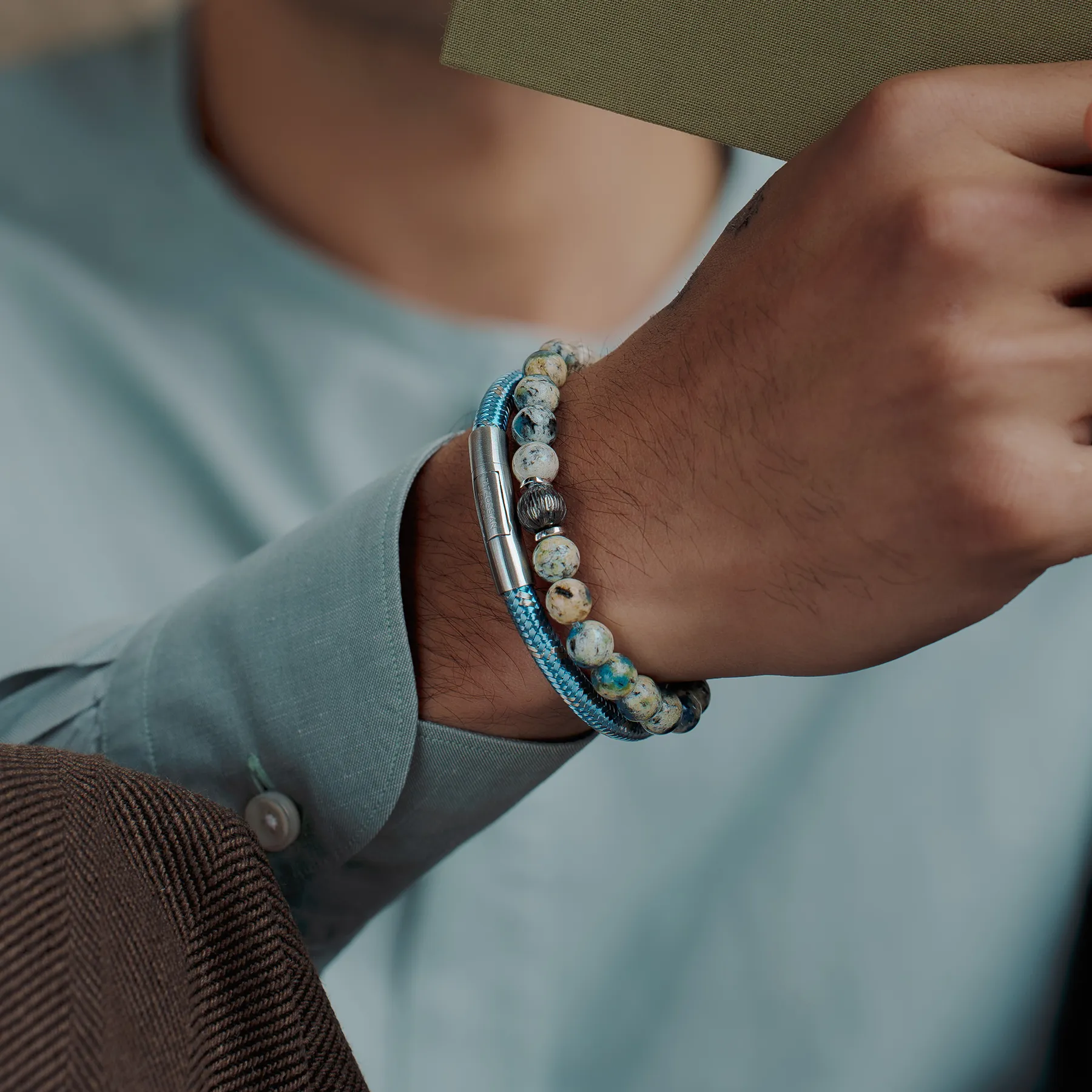 Lhasa Graffiato Beaded Bracelet in Rhodium Silver with Cream and Blue Azurite sold by Tateossian product image thumbnail 4