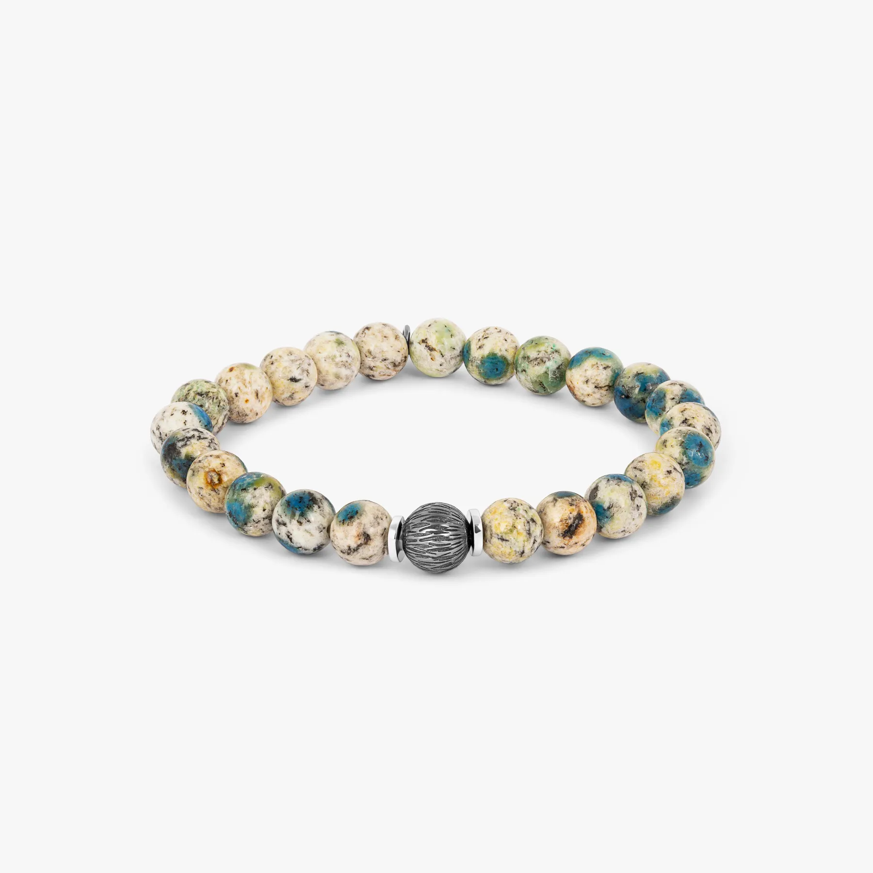 Lhasa Graffiato Beaded Bracelet in Rhodium Silver with Cream and Blue Azurite sold by Tateossian