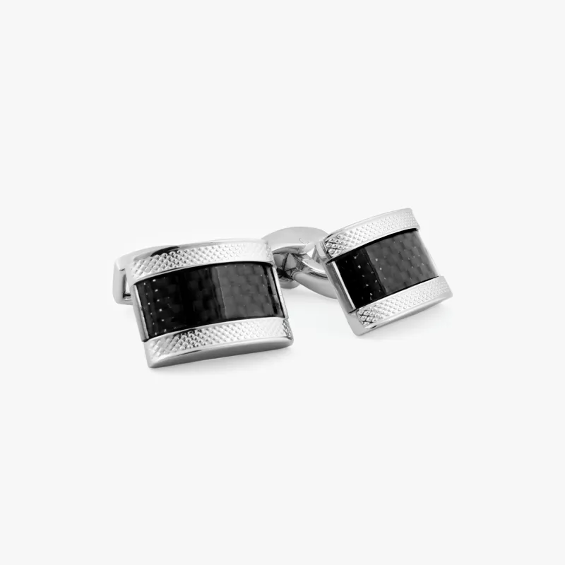 Carbon D-Shape cufflinks with palladium plated & black carbon fibre sold by Tateossian