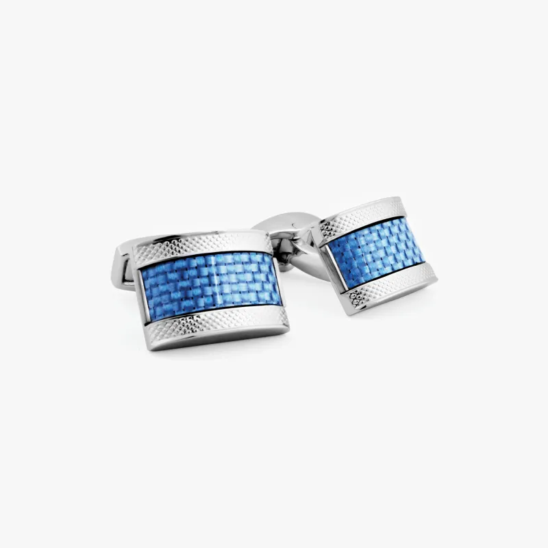 Carbon D-Shape cufflinks with Palladium Plated & blue alutex sold by Tateossian