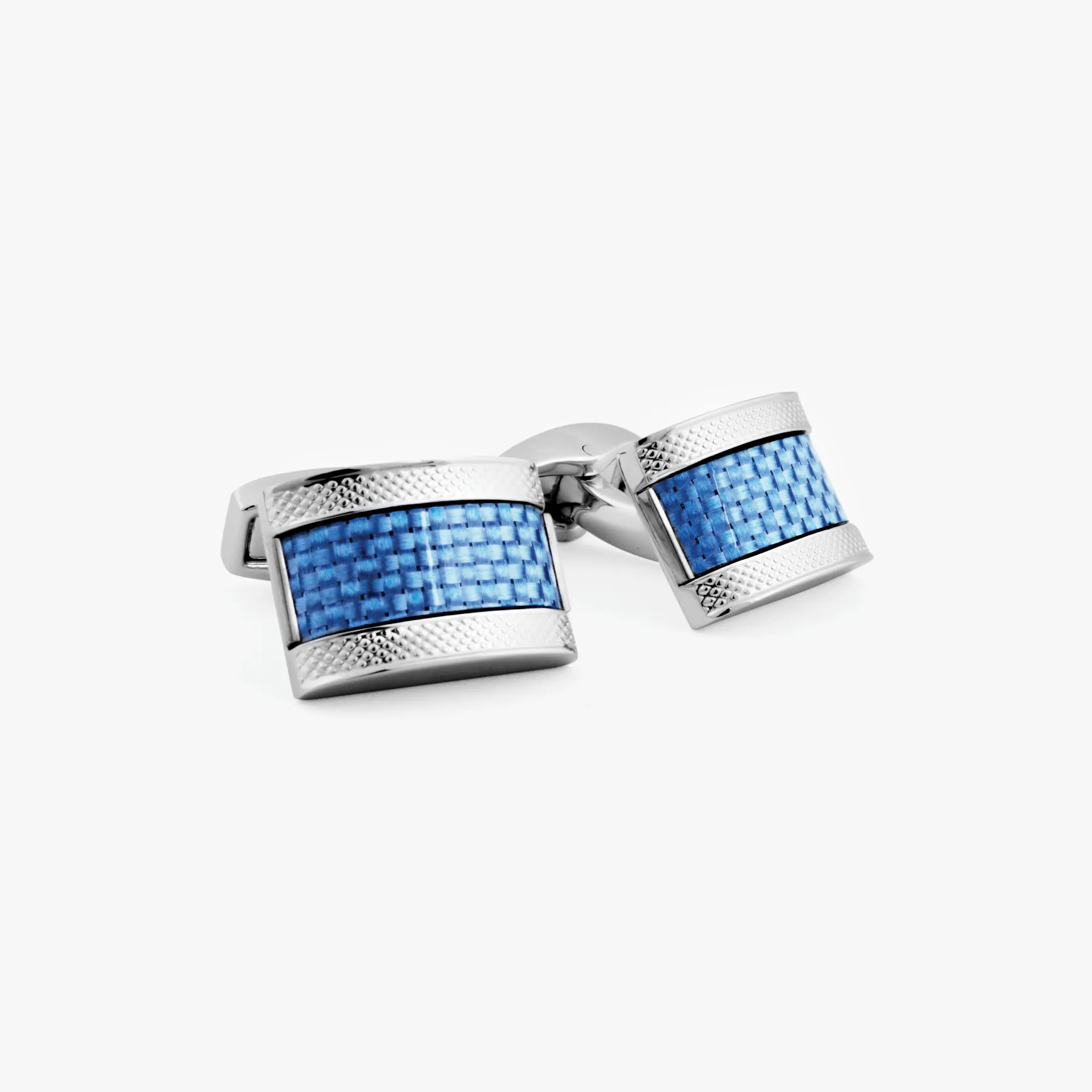 Carbon D-Shape cufflinks with Palladium Plated & blue alutex sold by Tateossian