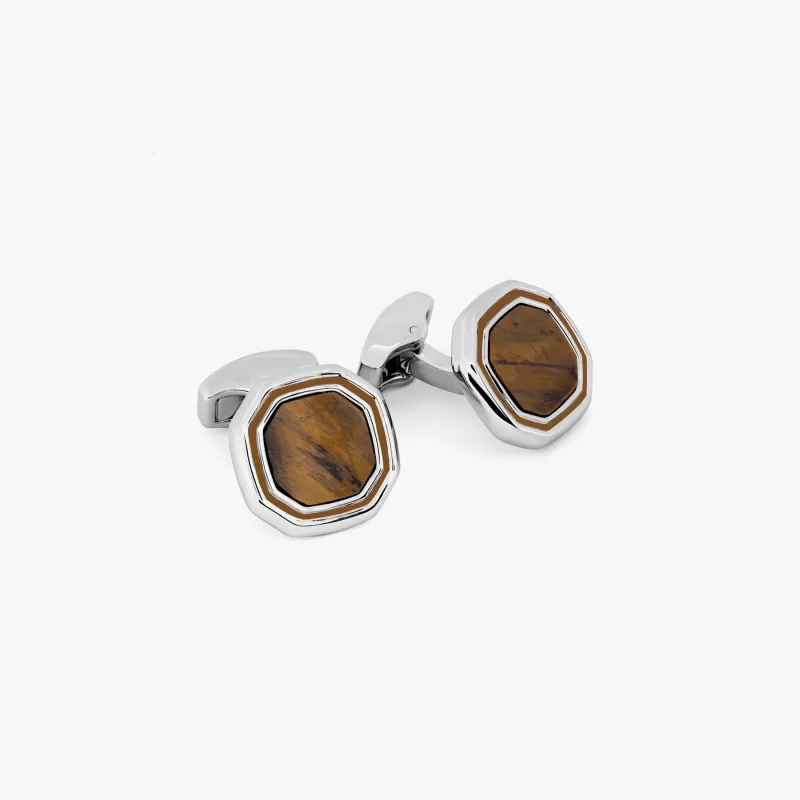 Octagon Semi-Precious cufflinks with White Bronze plated in Tiger Eye sold by Tateossian
