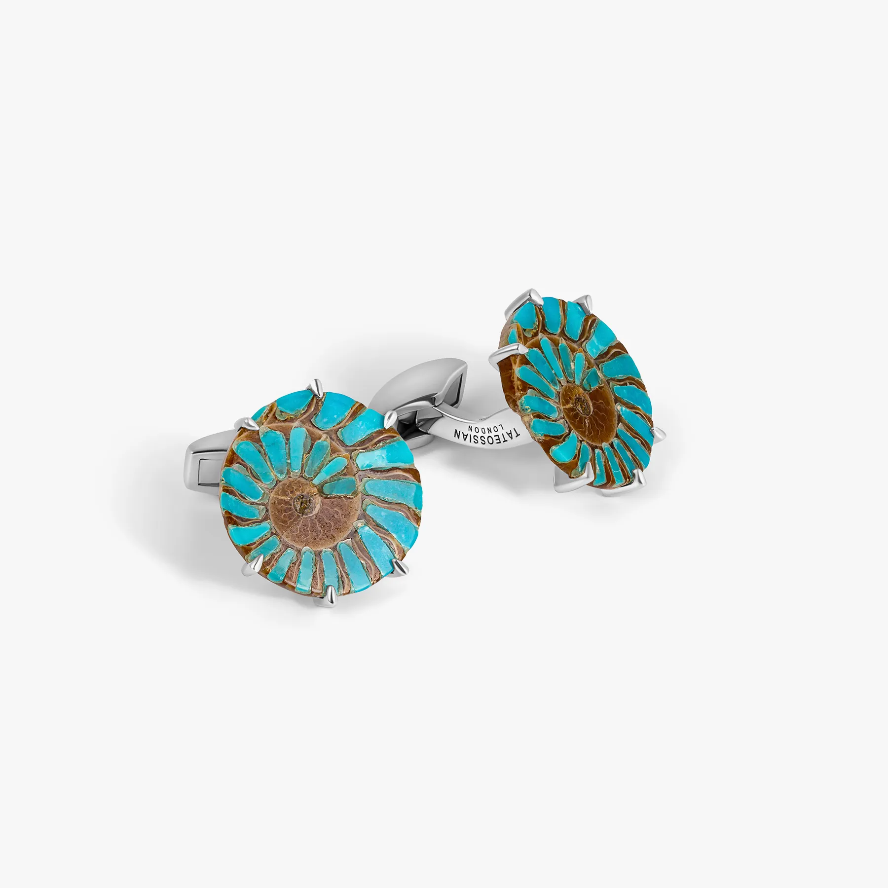 Ammonite Cufflinks in Rhodium Silver with Turquoise (Limited Edition) sold by Tateossian