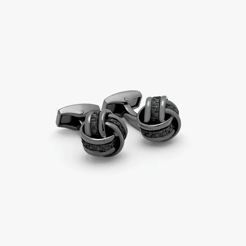 Carbon Knot cufflinks with Gunmetal plated & black carbon fibre sold by Tateossian