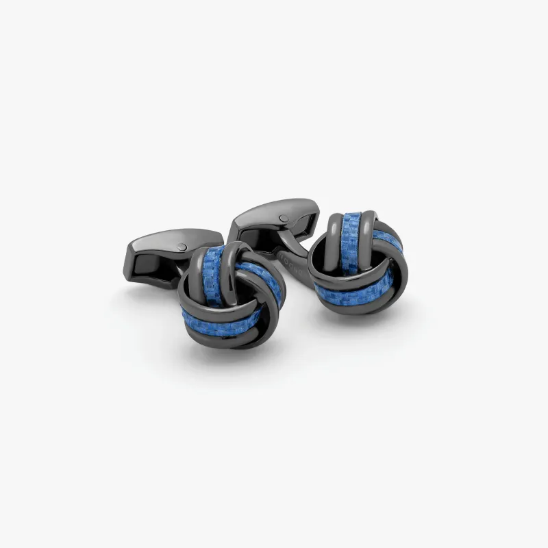 Carbon Knot cufflinks with Gunmetal plated & blue alutex sold by Tateossian
