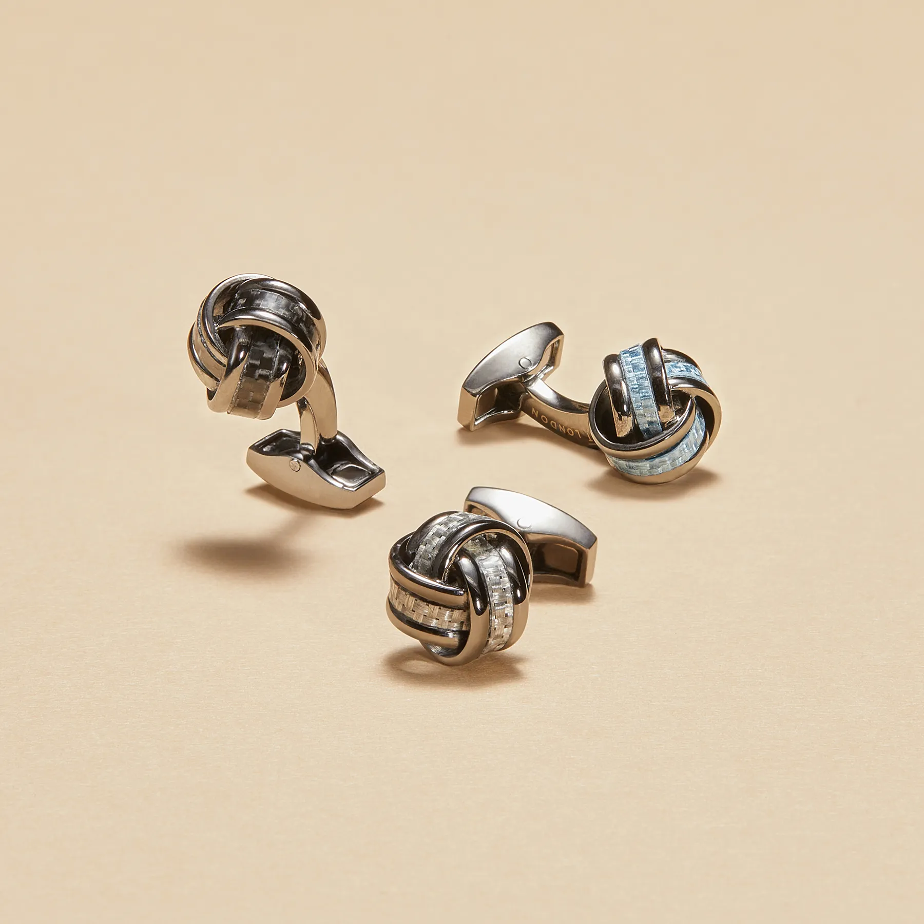 Carbon Knot cufflinks with Gunmetal plated & blue alutex sold by Tateossian product image thumbnail 4