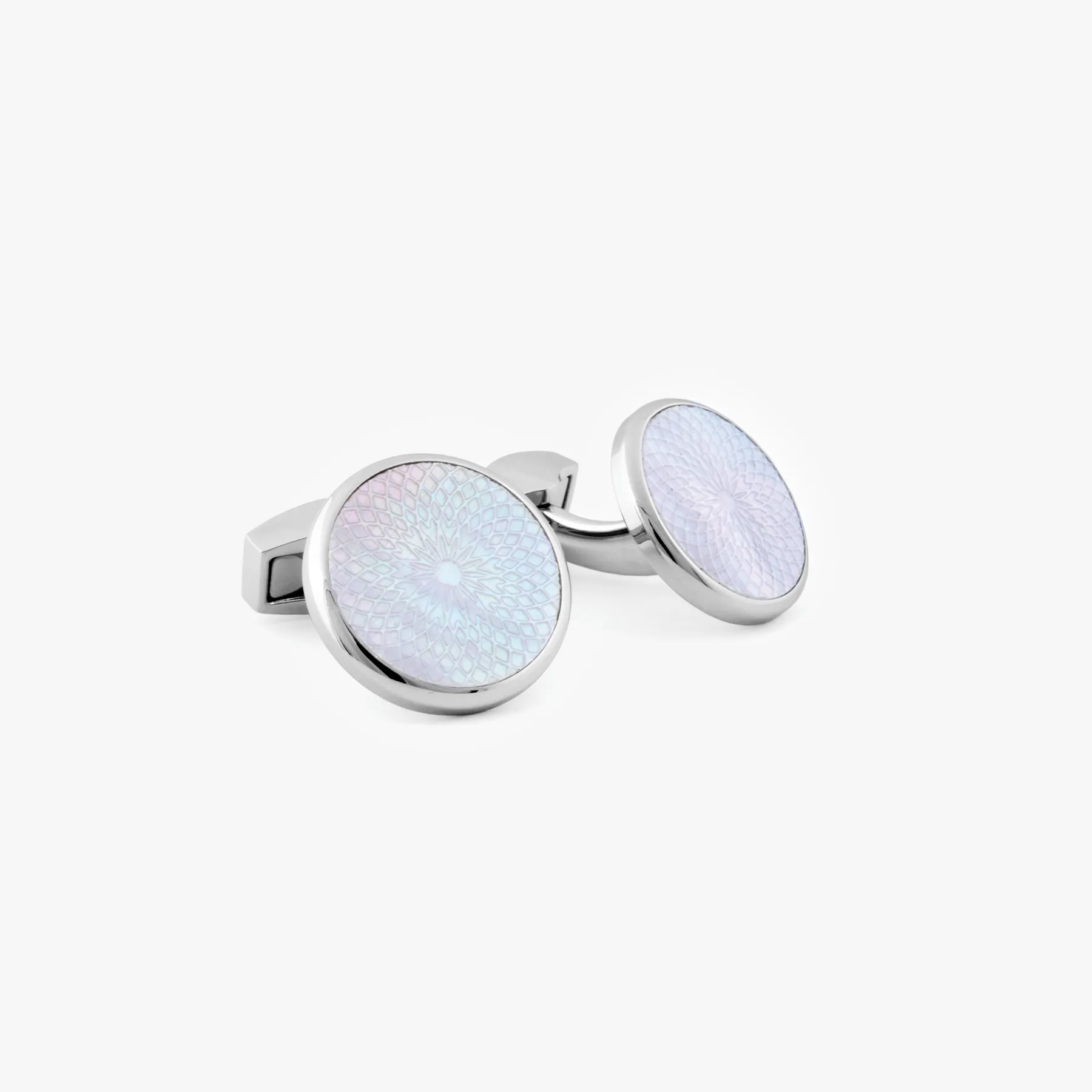 Rotondo Guilloche Semi-Precious cufflinks with white mother of pearl in stainless steel sold by Tateossian