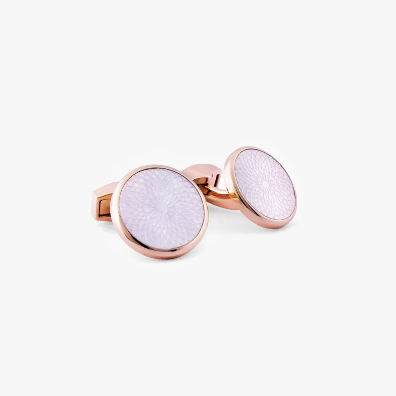Rotondo Guilloche Semi-Precious Cufflinks with White Mother of Pearl in Rose Gold IP Plated sold by Tateossian