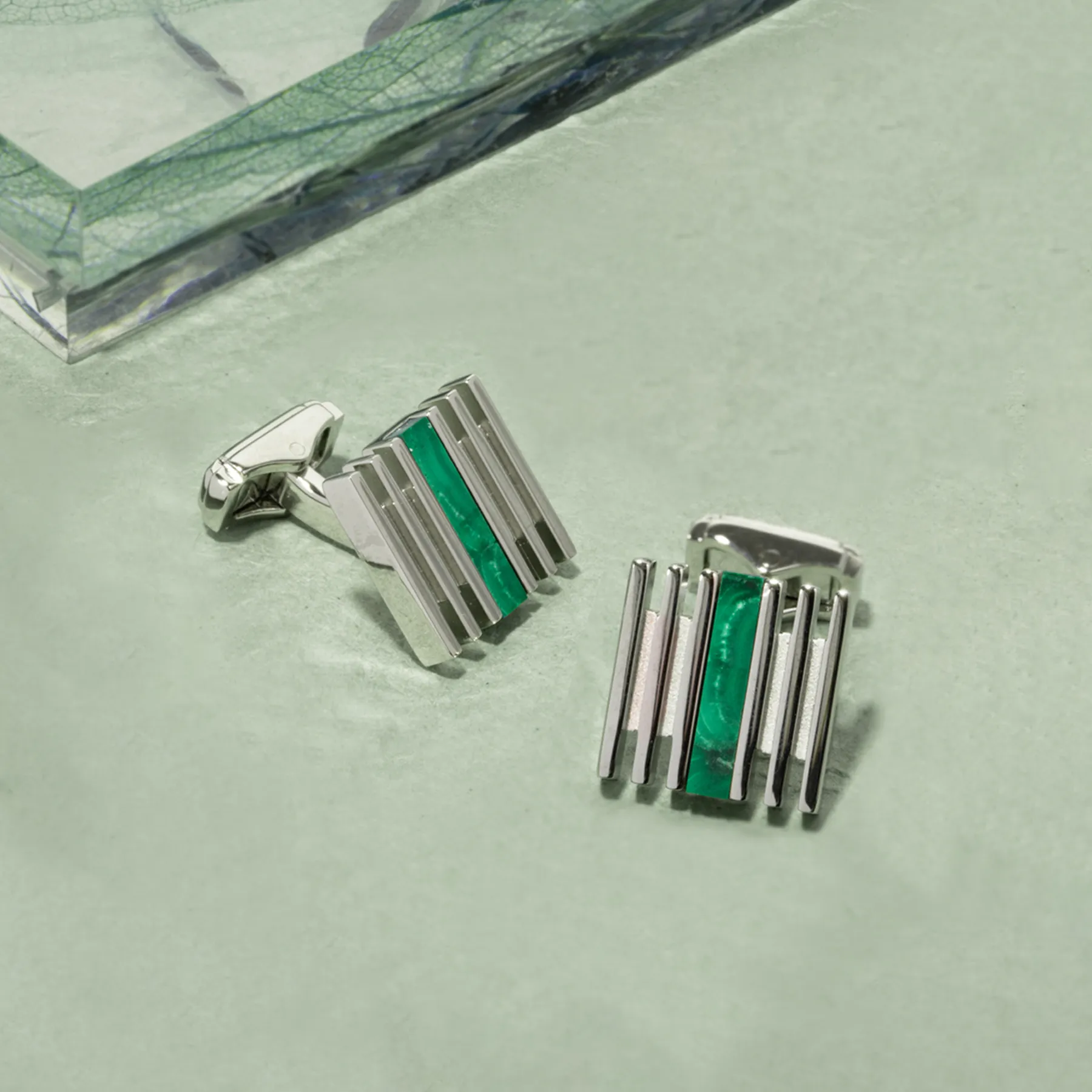 THOMPSON Summer Stripes Bar Cufflinks With Malachite And Palladium Plated sold by Tateossian product image thumbnail 4