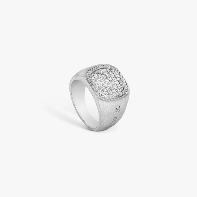 Pave Signet Ring In Silver & White Sapphire sold by Tateossian