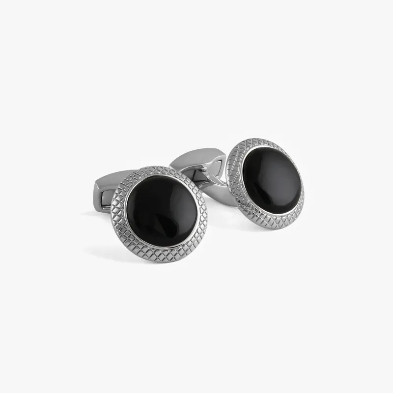 Bullseye Semi-Precious Cufflinks in Palladium Plated with Onyx sold by Tateossian