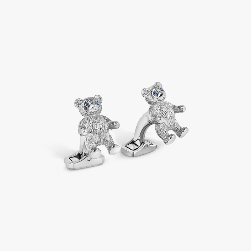 THOMPSON Teddy Bear Cufflinks In Palladium plated Base Metal With Blue Crystal sold by Tateossian