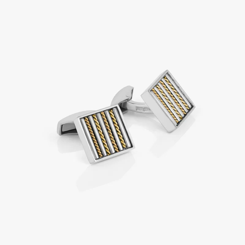 Royal cable square cufflinks in sterling silver with 18k gold sold by Tateossian