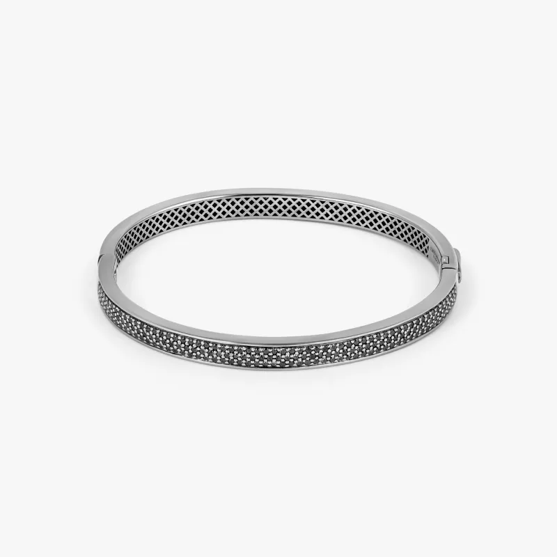 Buckingham Hinge Cuff Bangle in Rhodium Plated Silver with Black Diamonds sold by Tateossian