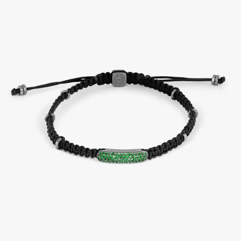 Baton Macrame Bracelet In Ruthenium Plated Silver with Green Emeralds sold by Tateossian