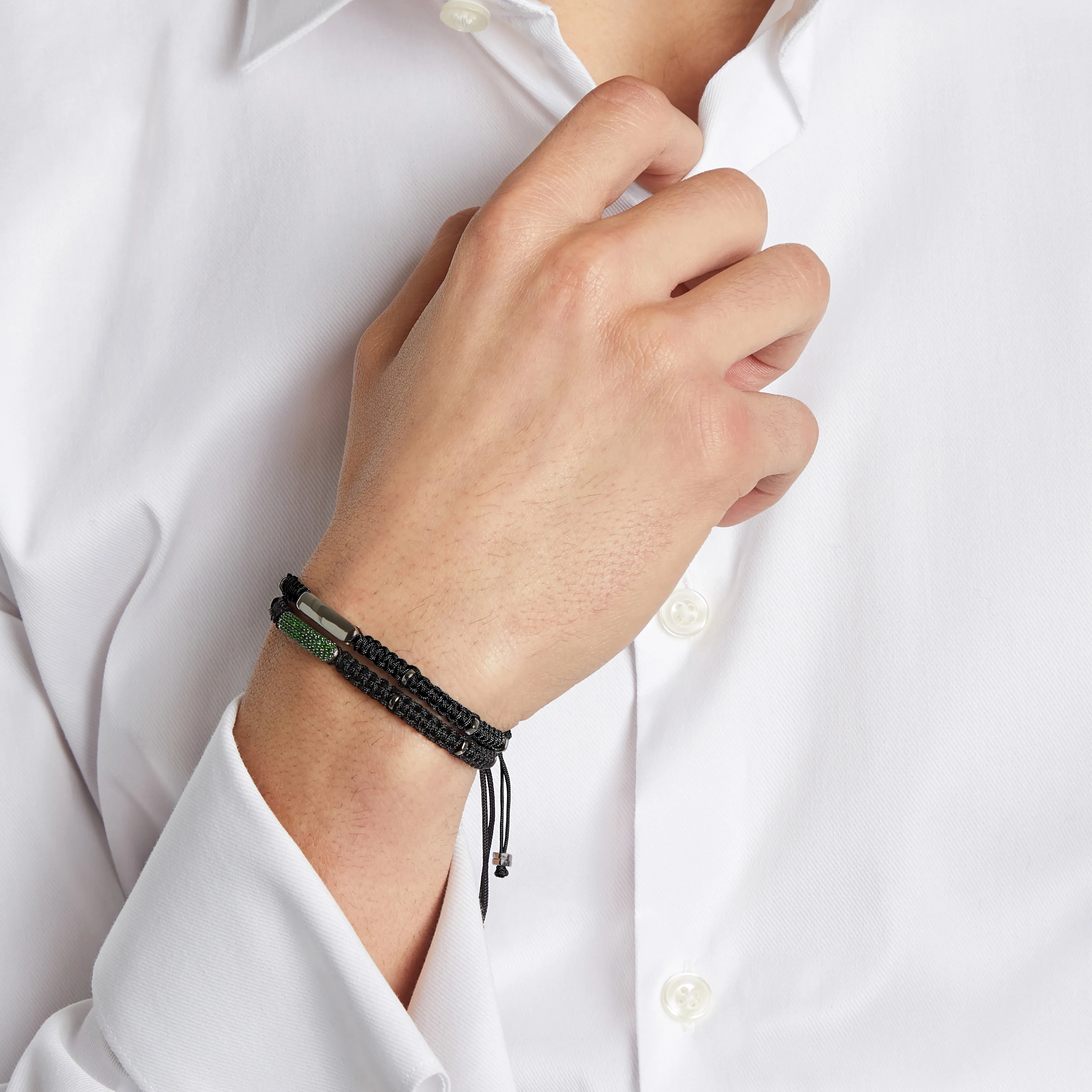 Baton Macrame Bracelet In Ruthenium Plated Silver with Green Emeralds sold by Tateossian product image thumbnail 2