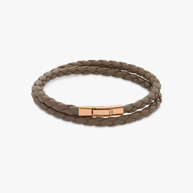 Tubo Taito Double Wrap Bracelet In 18K Rose Gold with Brown Leather sold by Tateossian
