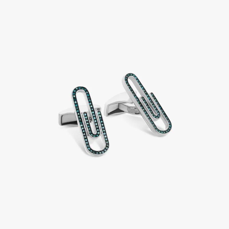 Paperclip cufflinks with blue diamond in sterling silver made by Tateossian