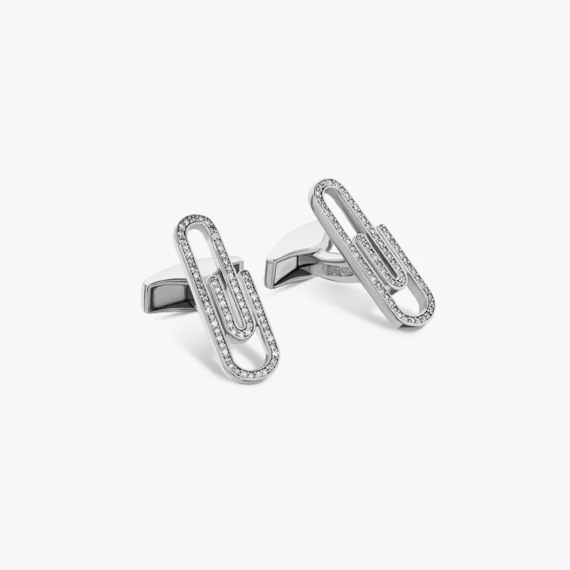 Paperclip cufflinks with white diamond in sterling silver sold by Tateossian