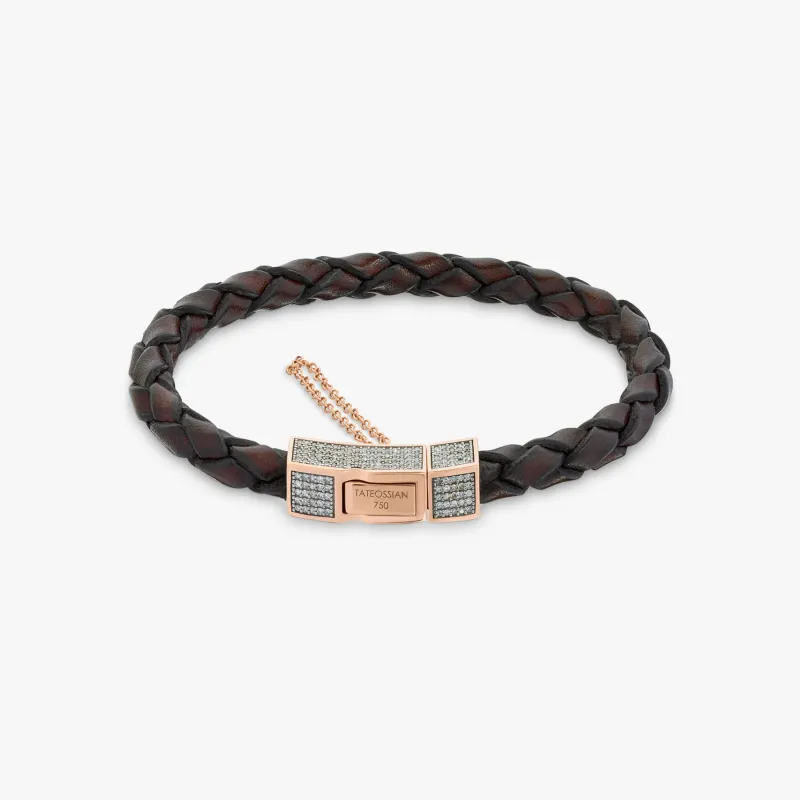 Click Scoubidou Micro Pave bracelet in brown leather with 18k rose gold and diamond sold by Tateossian