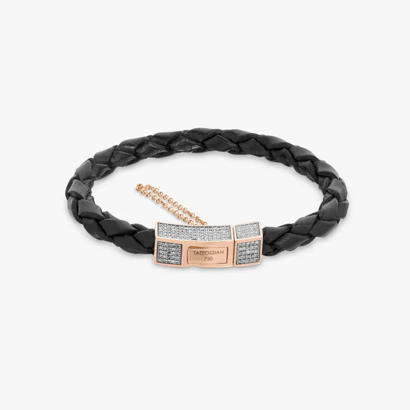 Click Scoubidou Micro Pave bracelet in black leather with 18k rose gold and diamond sold by Tateossian