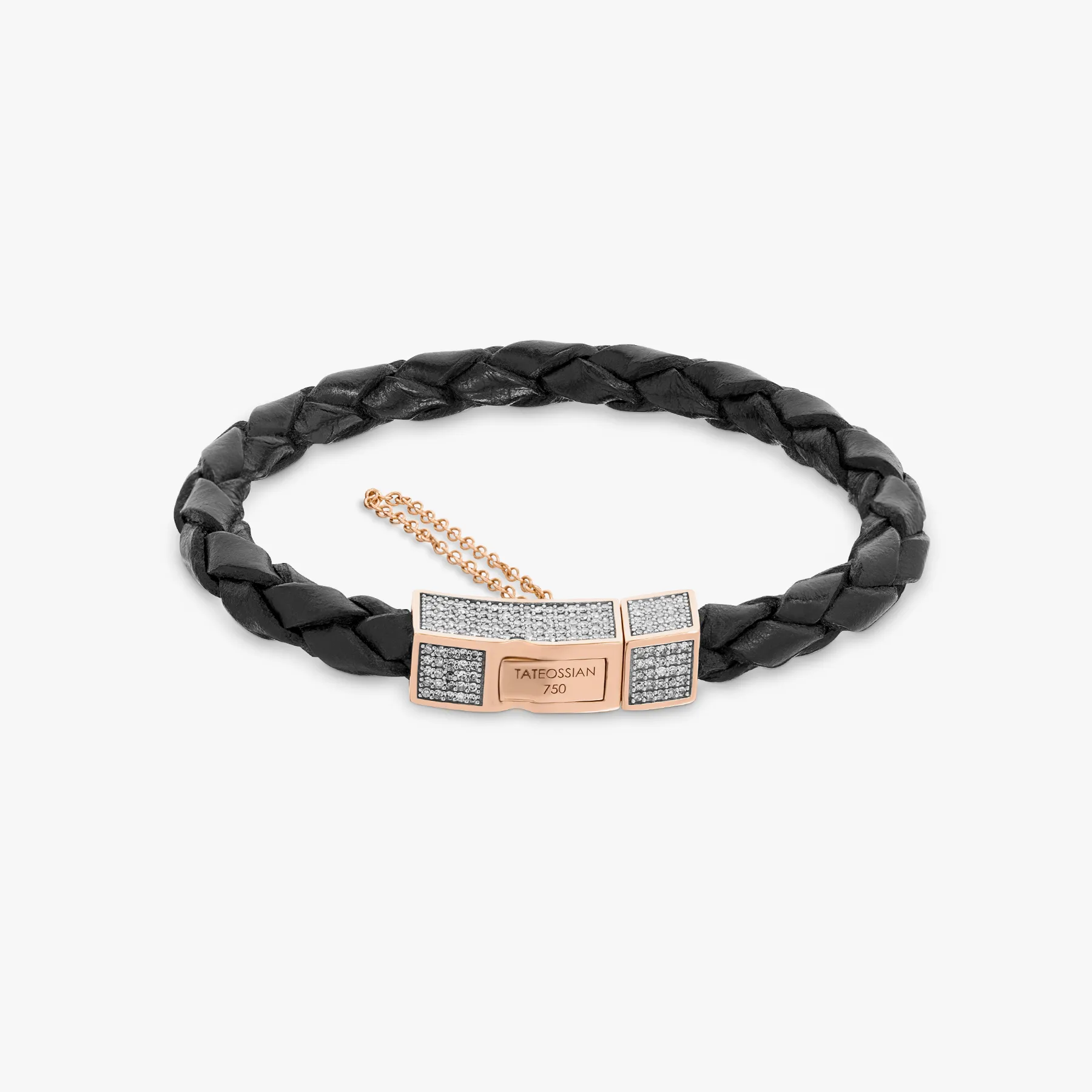 Click Scoubidou Micro Pave bracelet in black leather with 18k rose gold and diamond sold by Tateossian